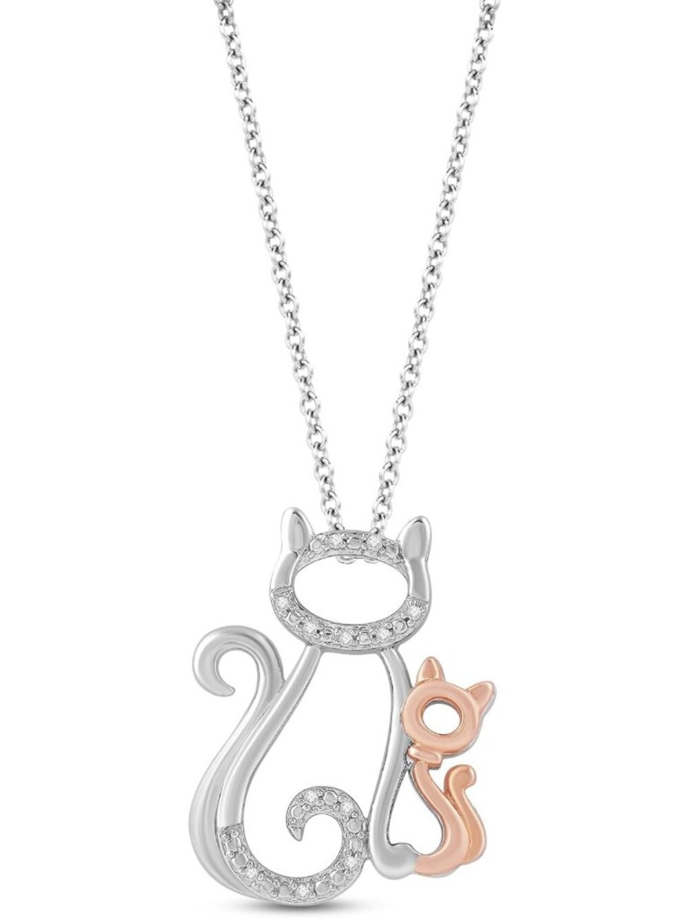 10K Rose Gold & Sterling Silver Diamond Cat Pendant Necklace, Cute Animal